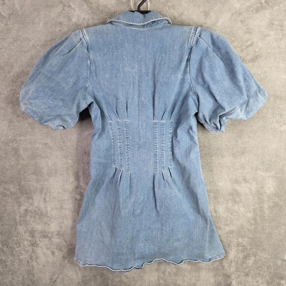 Womens Express Blue Denim Corset Mini Shirt Dress Puff Sleeve Button Up Size L - Picture 5 of 8